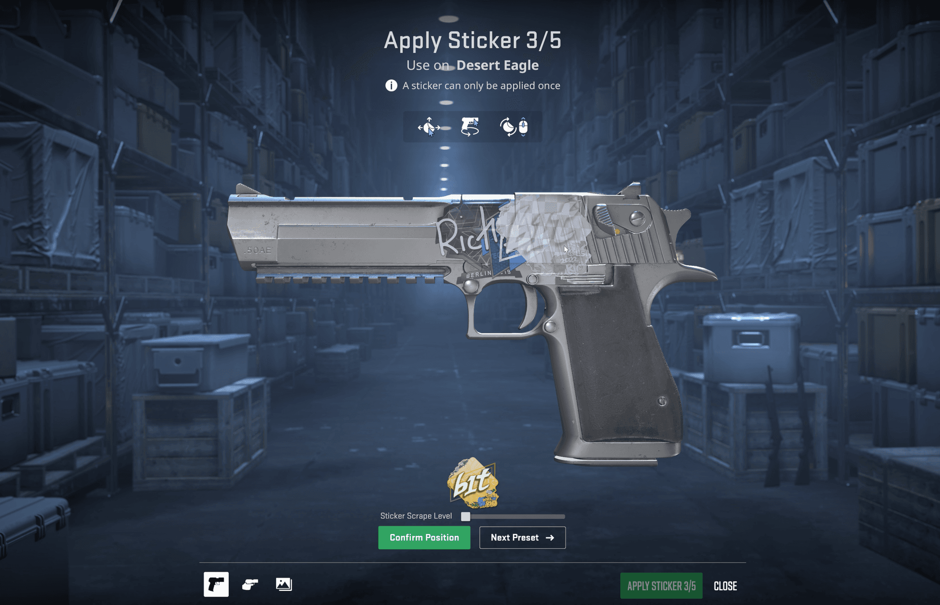 Sticker combo applied to a Counter-Strike 2 skin in-game